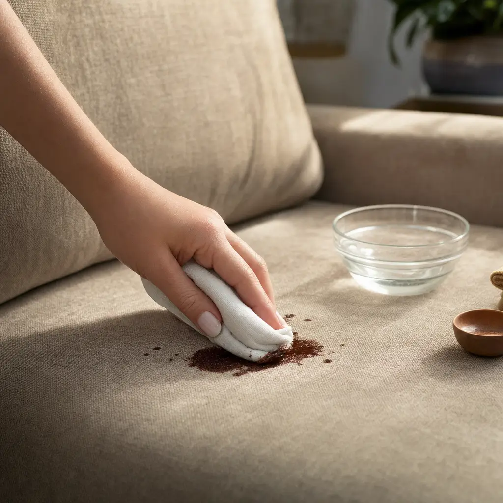 Como tirar mancha de chocolate do estofado sem espalhar: mão limpando mancha no sofá com pano