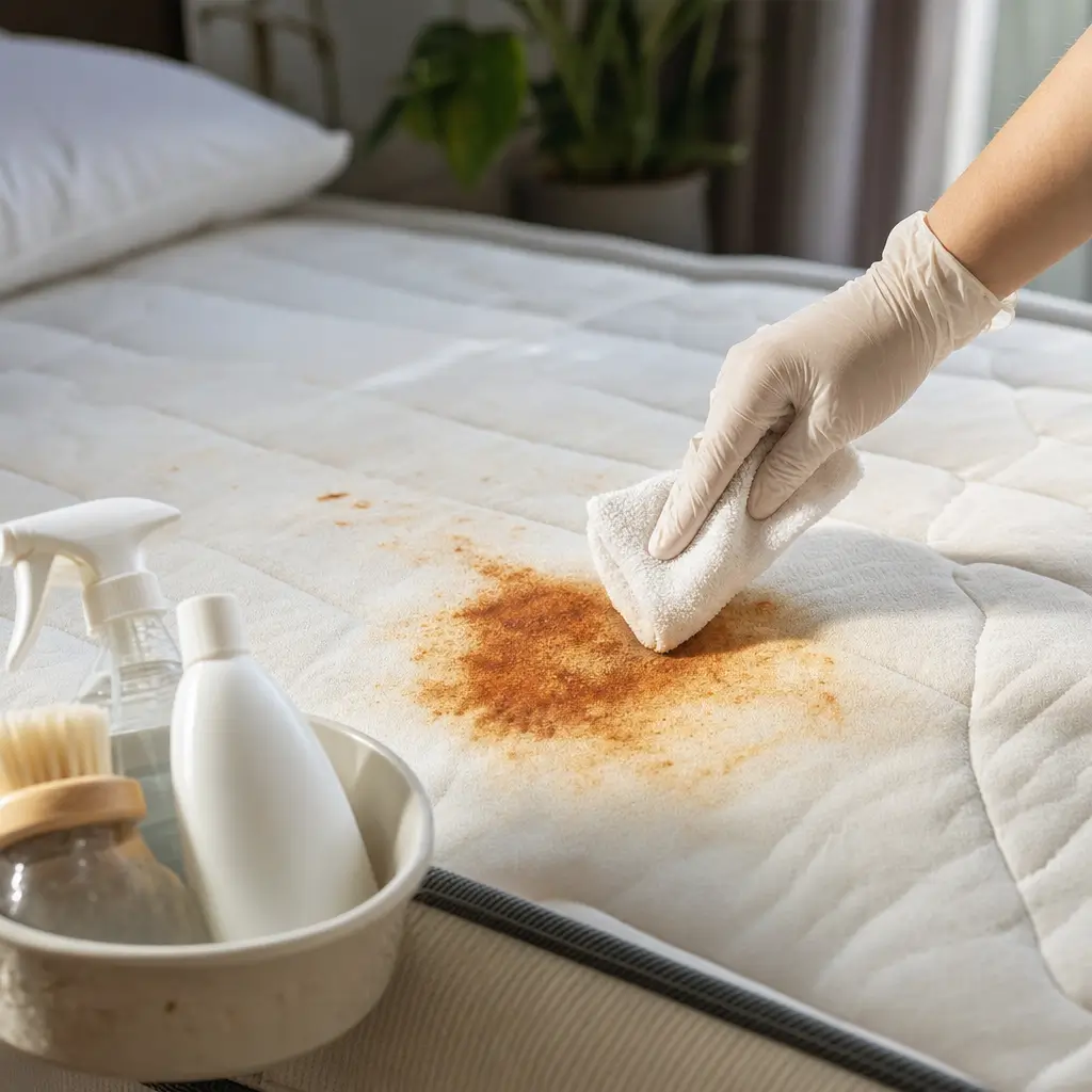 Como tirar mancha de ferrugem do colchão sem errar: luva esfregando mancha no colchão, sprays ao lado