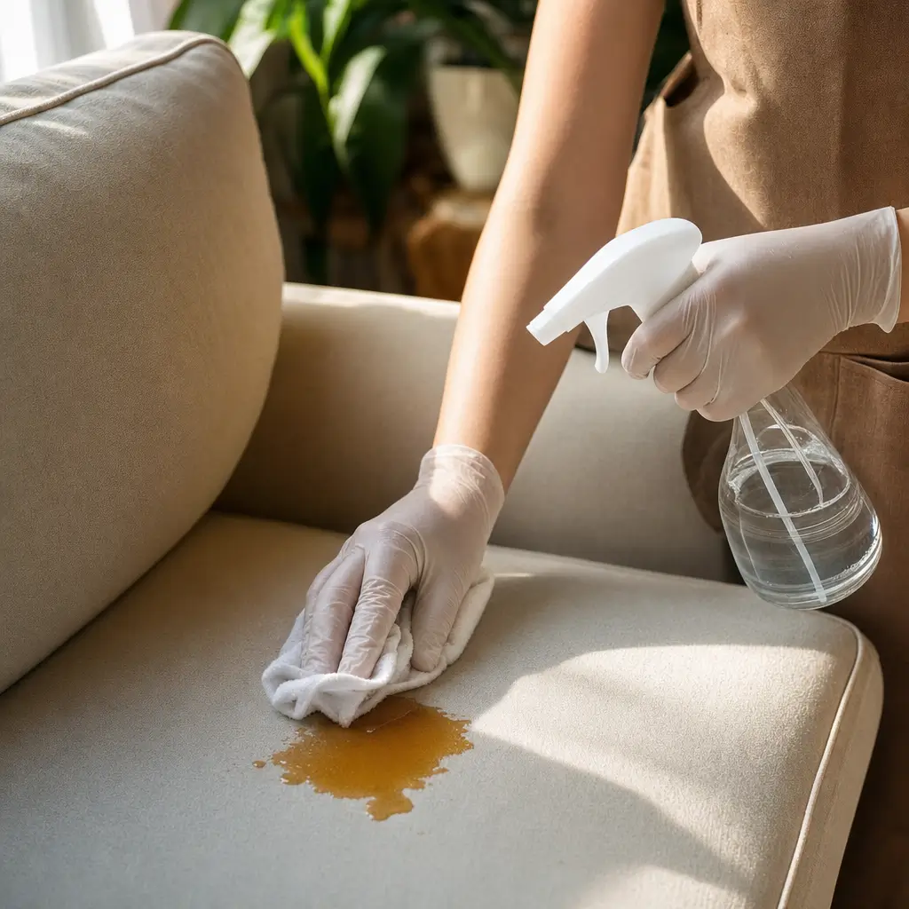 Como tirar mancha de óleo e gordura do sofá sem espalhar toalha e spray em mãos com luvas