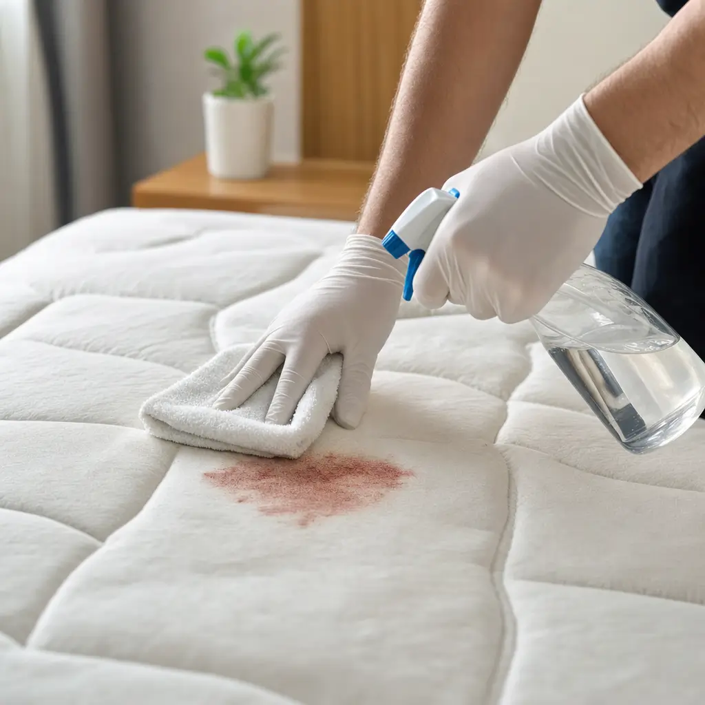 Como tirar mancha de sangue do colchão e do sofá mãos com luvas limpando colchão com spray