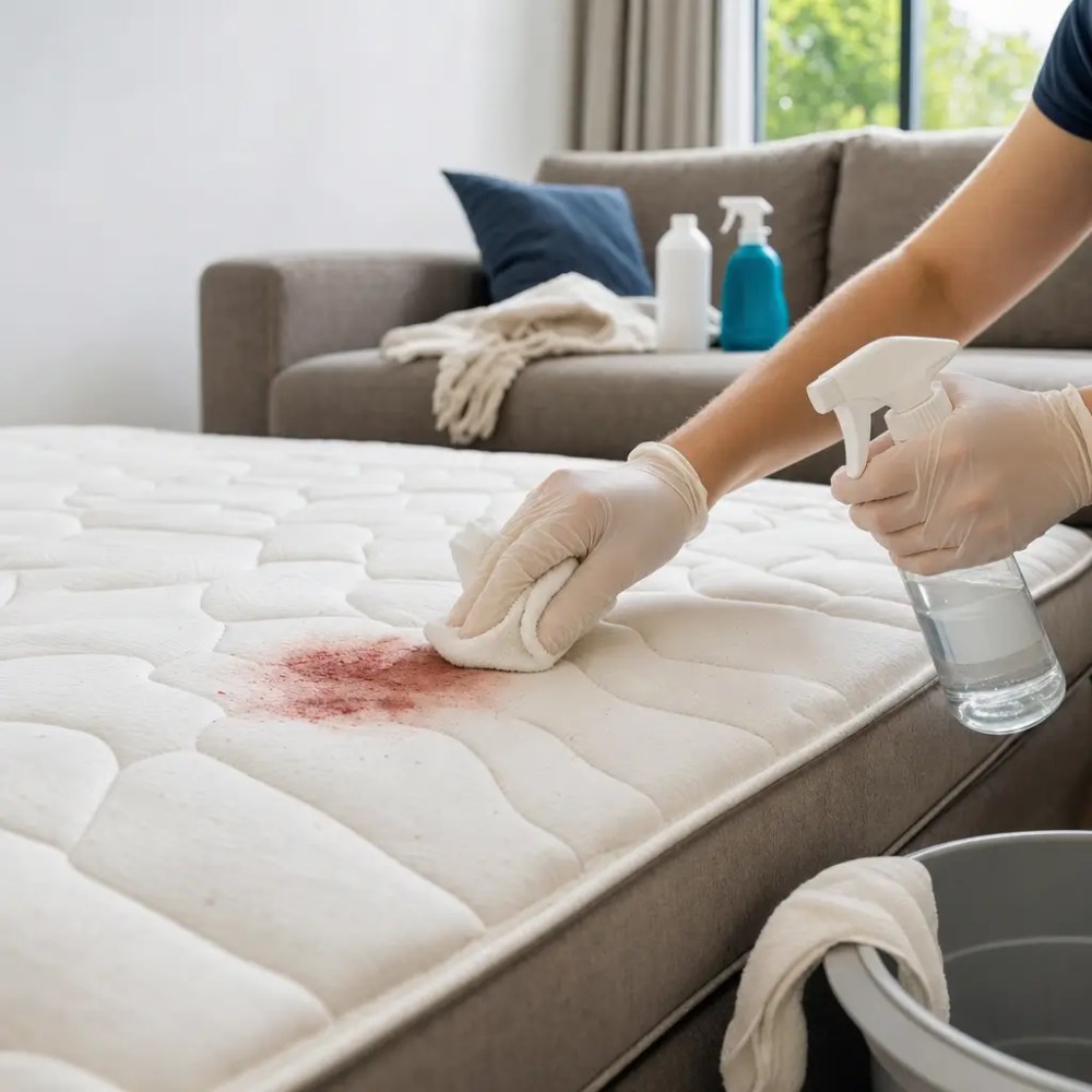 Como tirar mancha de sangue do colchão e do sofá: mãos com luvas limpando colchão com spray