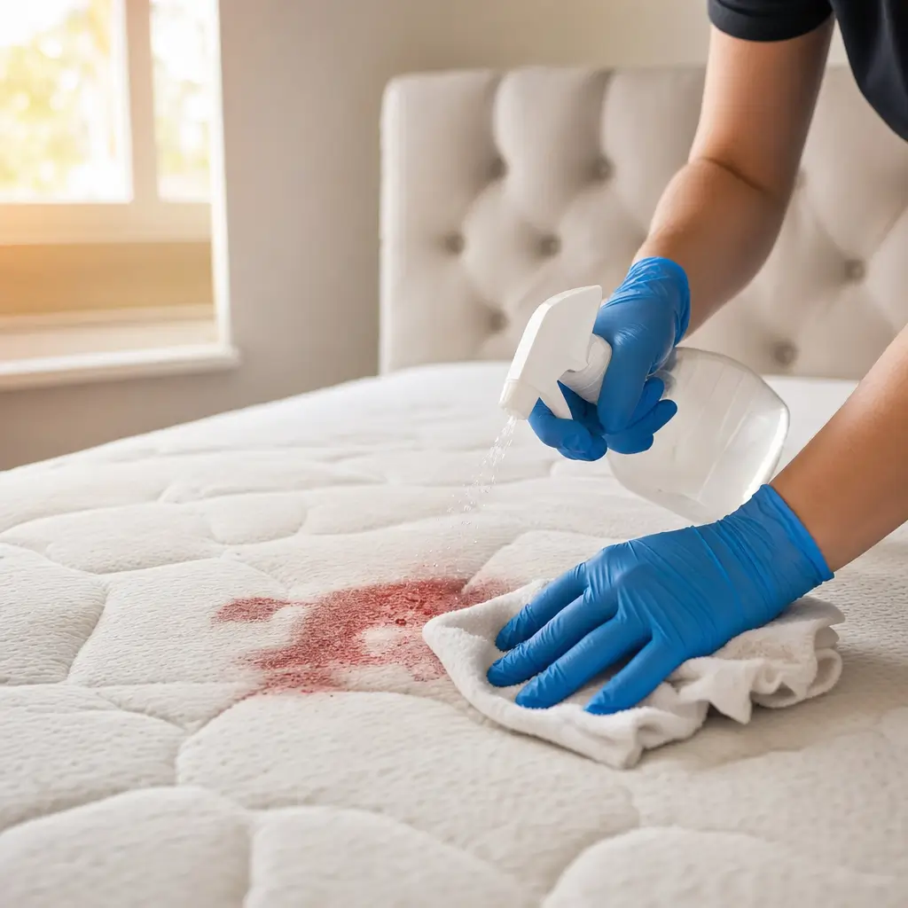 Como tirar mancha de sangue do colchão e do sofá mãos com luvas limpando colchão com spray e pano