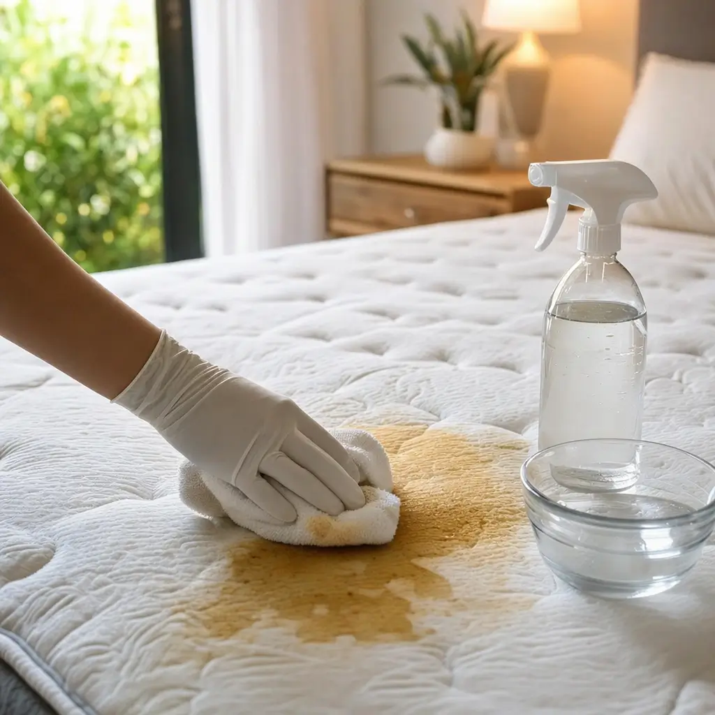 Como tirar mancha de vômito do colchão, limpeza com pano e spray no colchão com mancha amarelada