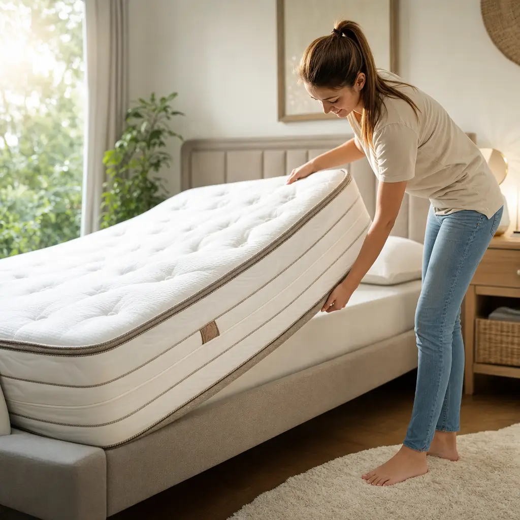 Como virar o colchão corretamente: quando fazer mulher ajustando colchão na cama