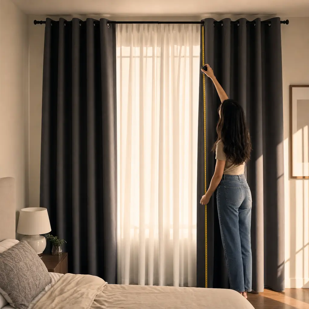 Cortina pro quarto: qual tecido escurece mais, cortina blackout preta e voil, mulher medindo na janela