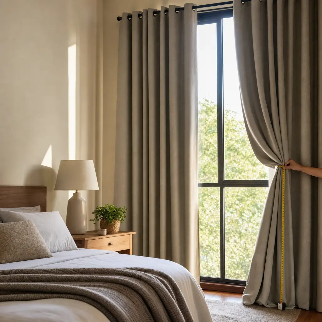 Cortina pro quarto: qual tecido escurece mais, cortina cinza na janela e fita métrica no quarto