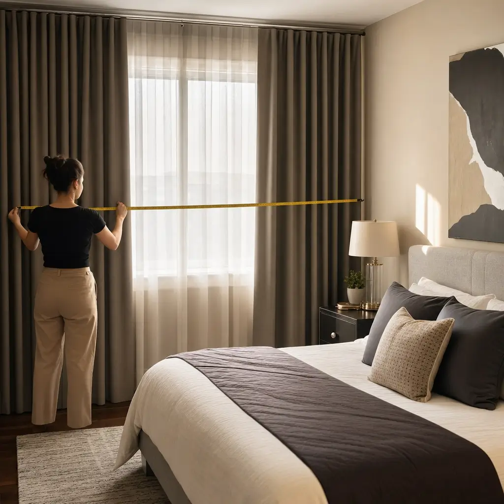 Cortina pro quarto: qual tecido escurece mais, mulher medindo cortina na janela do quarto
