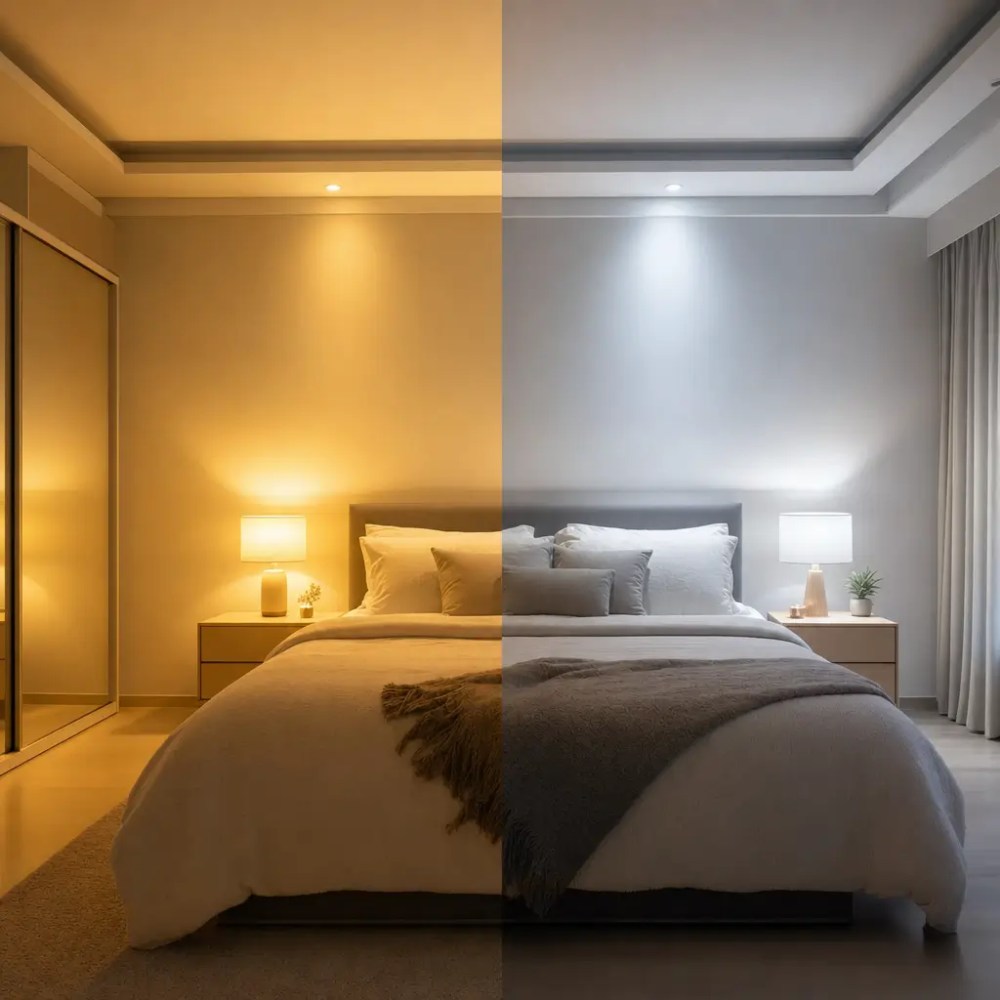 Iluminação pro quarto: luz amarela ou branca? cama com abajures, metade luz quente e metade luz fria