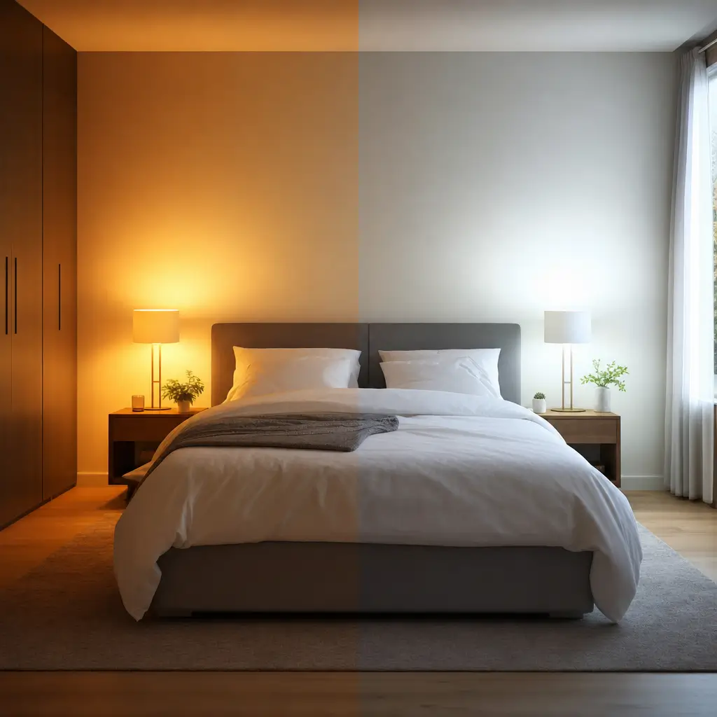 Iluminação pro quarto: luz amarela ou branca? cama com abajures, metade luz quente e metade luz fria, guarda-roupa e janela
