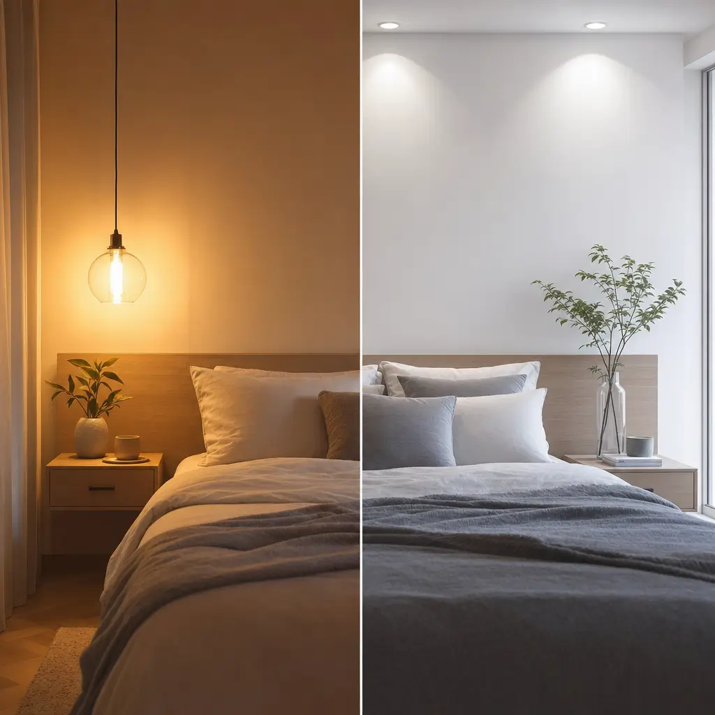 Iluminação pro quarto: luz amarela ou branca? cama com luz quente no pendente e luz fria no teto, mesa lateral e planta