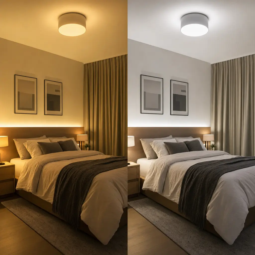 Iluminação pro quarto: luz amarela ou branca? quarto dividido, cama com plafon e abajures, luz quente e luz fria