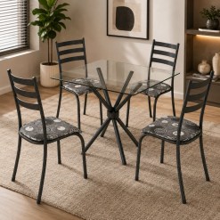 Mesa Ipanema Quadrada Tampo Vidro 75x75cm Com 4 Cadeiras Tubular Teixeira 25400