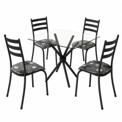 Mesa Ipanema Quadrada Tampo Vidro 75x75cm Com 4 Cadeiras Tubular Teixeira Preto 64960