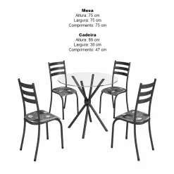 Mesa Ipanema Redonda Tampo Vidro 75x75cm Com 4 Cadeiras Tubular Teixeira 85256