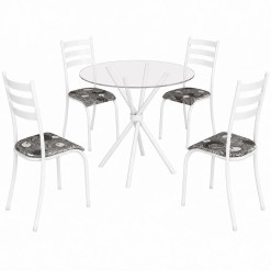 Mesa Ipanema Redonda Tampo Vidro 75x75cm Com 4 Cadeiras Tubular Teixeira Branco 93615