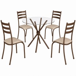 Mesa Ipanema Redonda Tampo Vidro 75x75cm Com 4 Cadeiras Tubular Teixeira Marrom 26803