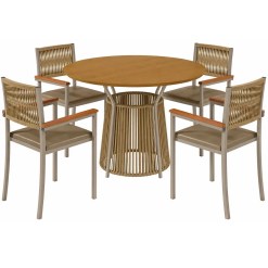 Mesa Roma Redonda 120cm Com 4 Cadeiras Viena Em Corda Nautica Paonanda Cinamomo Com Tecido Bege 91799