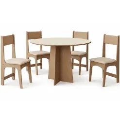 Mesa De Jantar Cindy 90cm Redonda Sem Vidro Com 4 Cadeiras Delta Em Corino Sonetto Mel Off White Savana 19614