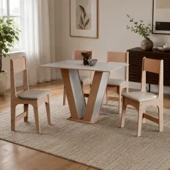 Mesa De Jantar Luiza 110x75cm Sem Vidro Com 4 Cadeiras Delta Em Corino Sonetto 81058