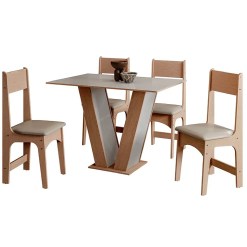 Mesa De Jantar Luiza 110x75cm Sem Vidro Com 4 Cadeiras Delta Em Corino Sonetto Mel Off White Savana 65666