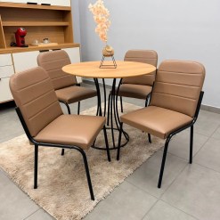 Mesa De Jantar Onix Redonda 90cm Com 4 Cadeiras Chicago Em Courino Aco Tubo Minas 47253