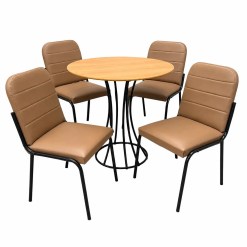 Mesa De Jantar Onix Redonda 90cm Com 4 Cadeiras Chicago Em Courino Aco Tubo Minas Preto Proa Com Tecido Capuccino 90880