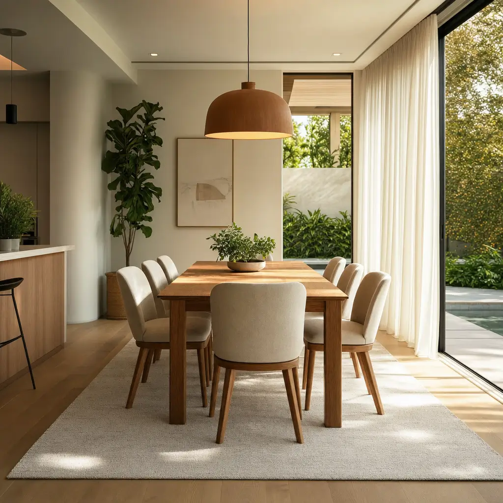 Mesa de jantar 6 lugares: medidas e espaço ideal, mesa de madeira com 6 cadeiras, tapete e luminária pendente