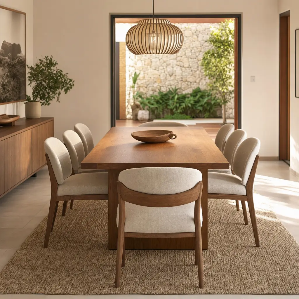 Mesa de jantar 6 lugares: medidas e espaço ideal, mesa de madeira com 6 cadeiras, tapete e luminária pendente