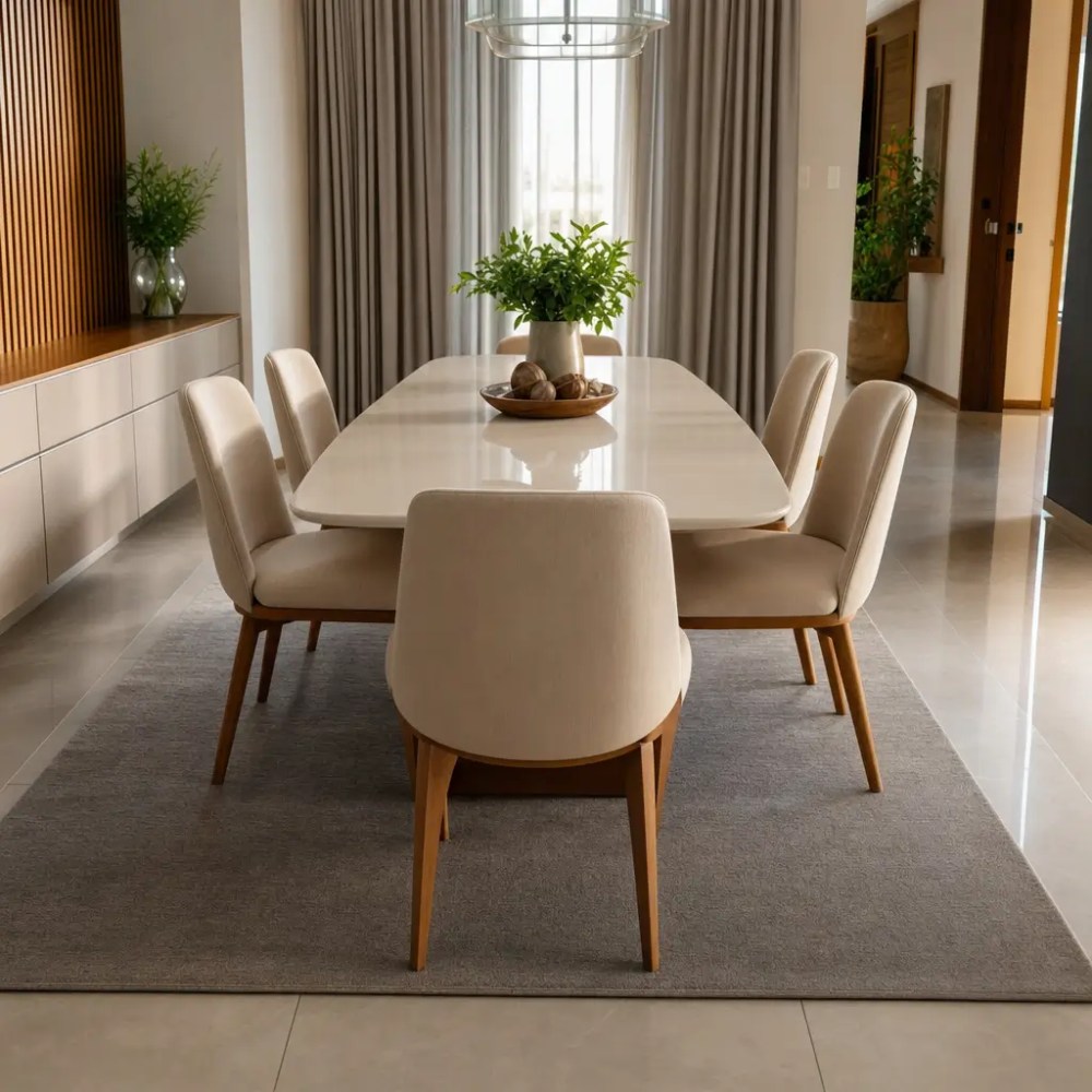 Mesa de jantar 6 lugares: medidas e espaço ideal, mesa retangular com 6 cadeiras e tapete em sala moderna