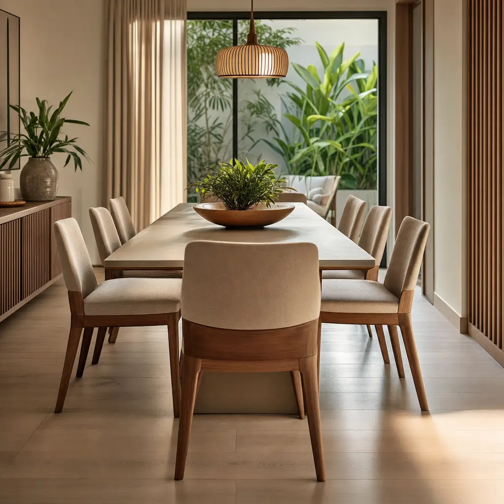 Mesa de jantar 6 lugares: medidas e espaço ideal, mesa retangular com 6 cadeiras, pendente e plantas ao fundo