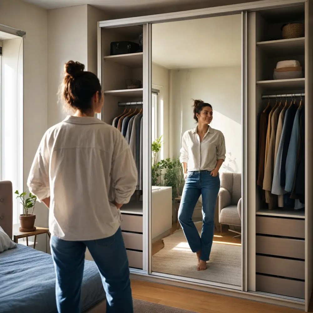 Mulher em frente ao guarda-roupa com portas espelhadas Guarda-roupa com espelho: vale a pena?