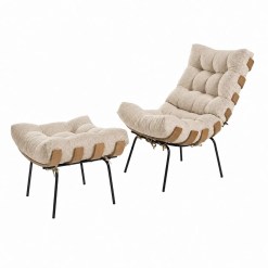 Poltrona Costela Com Puff Em Linho House Decor Bege 55969