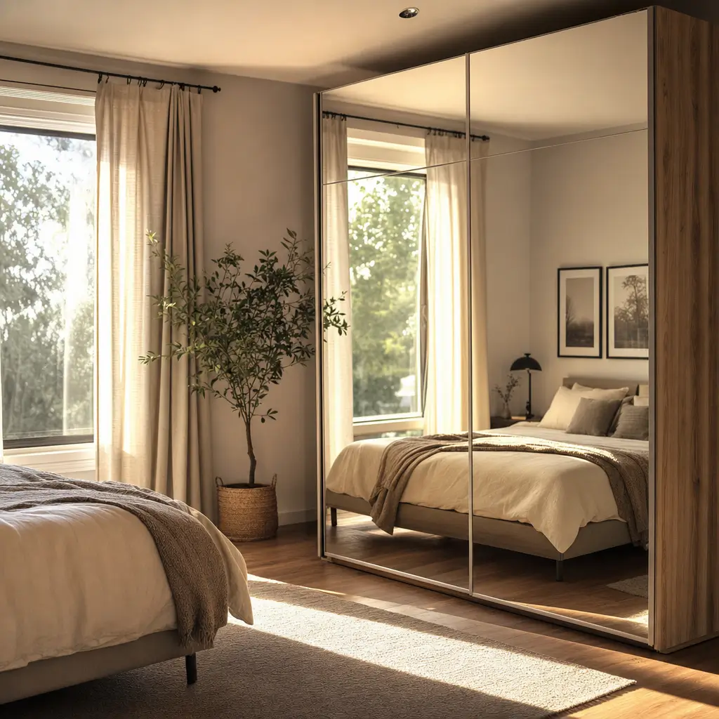 Quarto com cama e guarda-roupa de portas espelhadas Guarda-roupa com espelho: vale a pena?