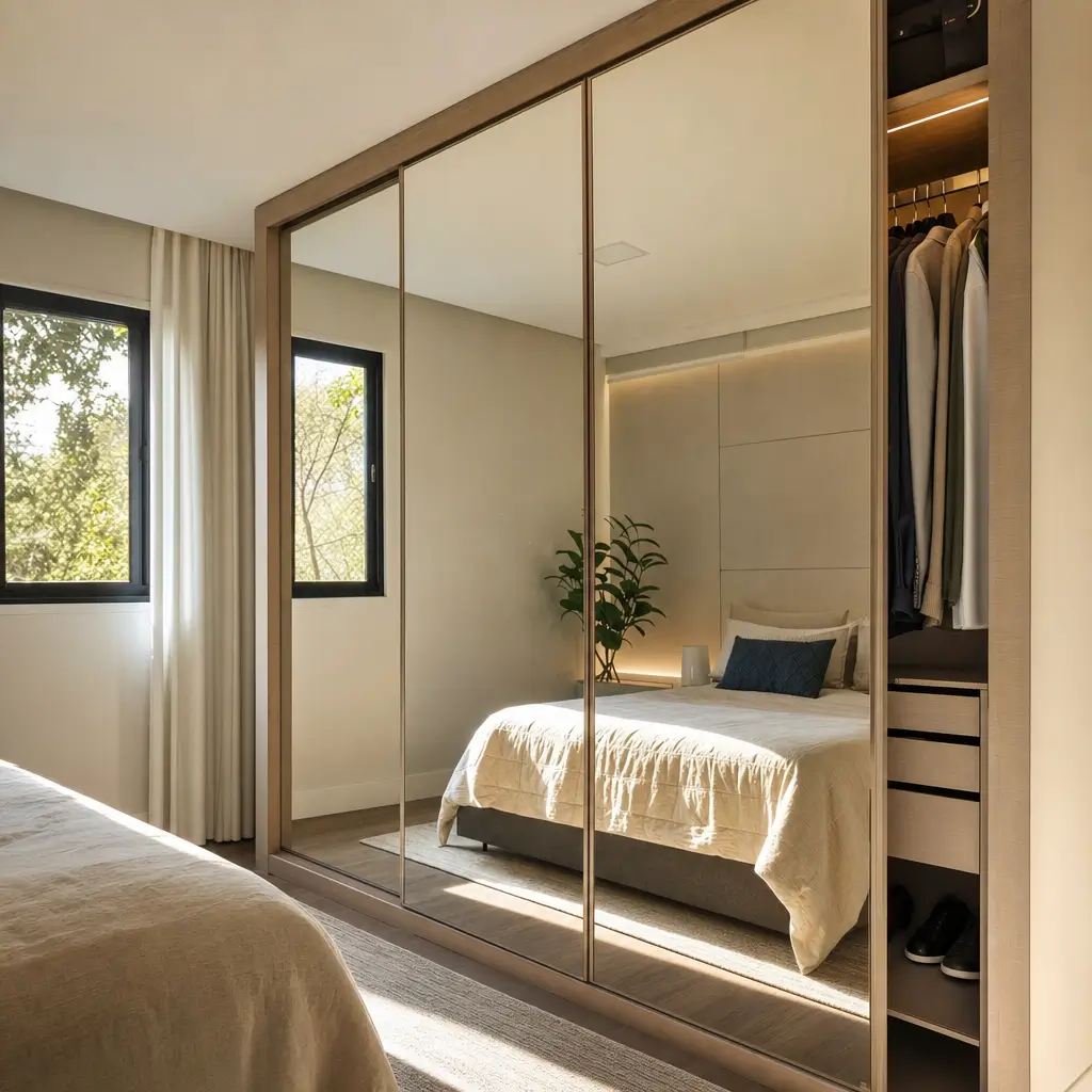 Quarto com cama refletida em guarda-roupa espelhado Guarda-roupa com espelho: vale a pena?