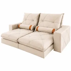 Sofa Esther Em Veludo Com Molas Ensacadas 4 Lugares Retratil E Reclinavel 250cm Wm Estofados Bege 22071