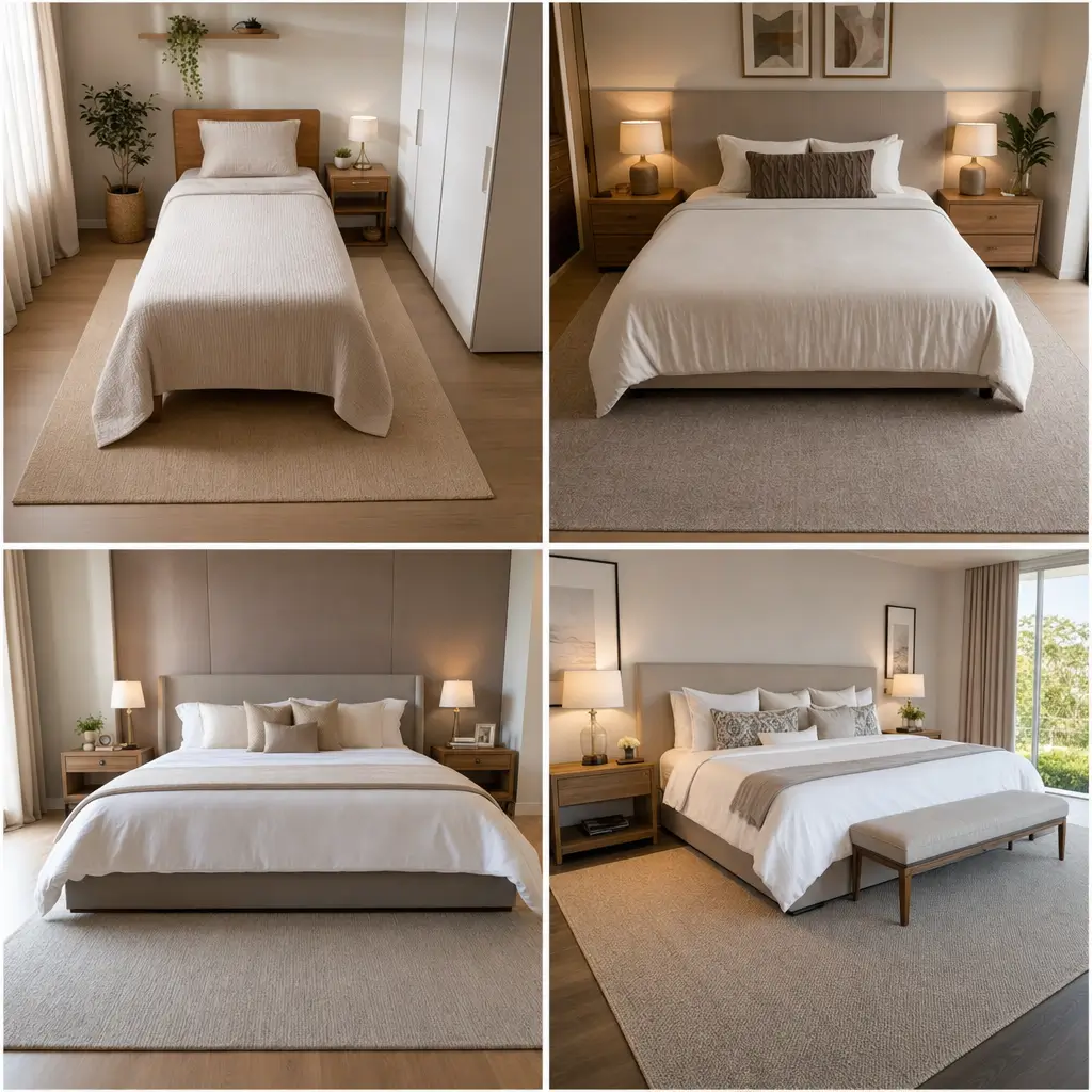 Tapete para quarto tamanho ideal: acerte no tamanho, 4 quartos com cama e tapete bege sob a cama