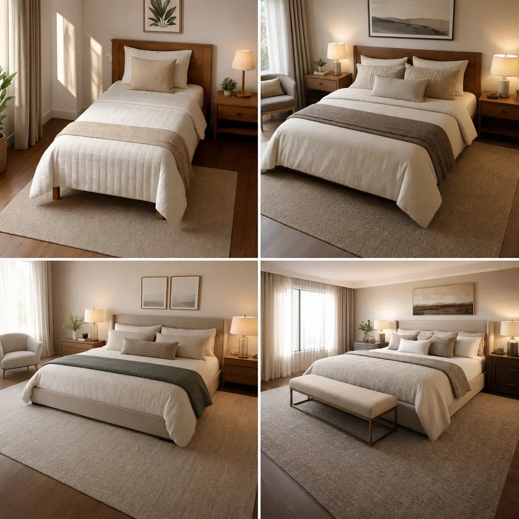 Tapete para quarto tamanho ideal: acerte no tamanho, 4 quartos com cama e tapete grande sob a cama