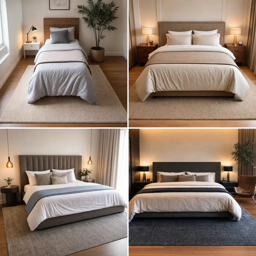 Tapete para quarto tamanho ideal: acerte no tamanho, 4 quartos com cama e tapete sob a cama