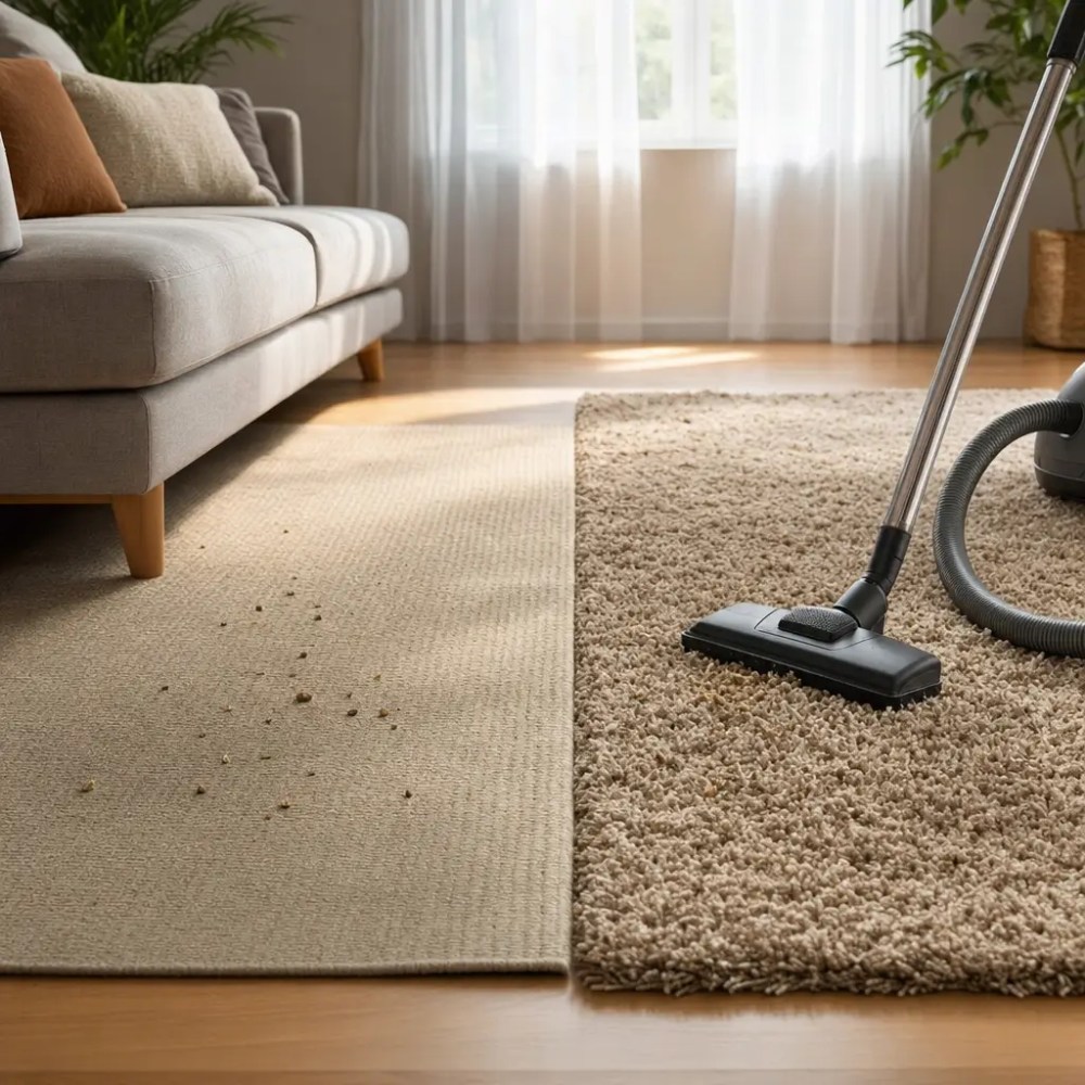 Tapete pelo baixo vs tapete felpudo: qual limpar fácil tapete sendo aspirado na sala com sofá