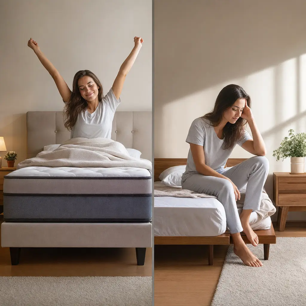 Colchão alto ou colchão comum: qual é melhor mulher deitada e alongando na cama