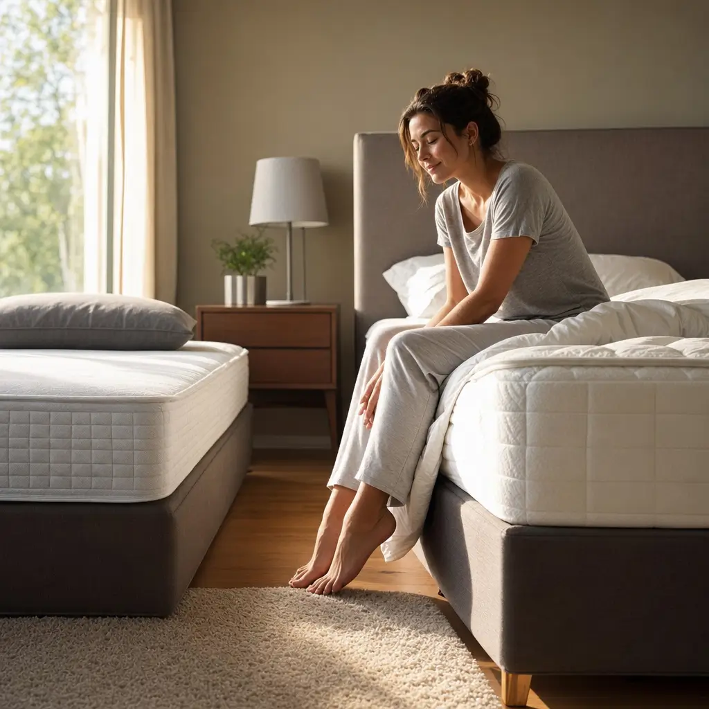 Colchão alto ou colchão comum: qual é melhor mulher levantando da cama