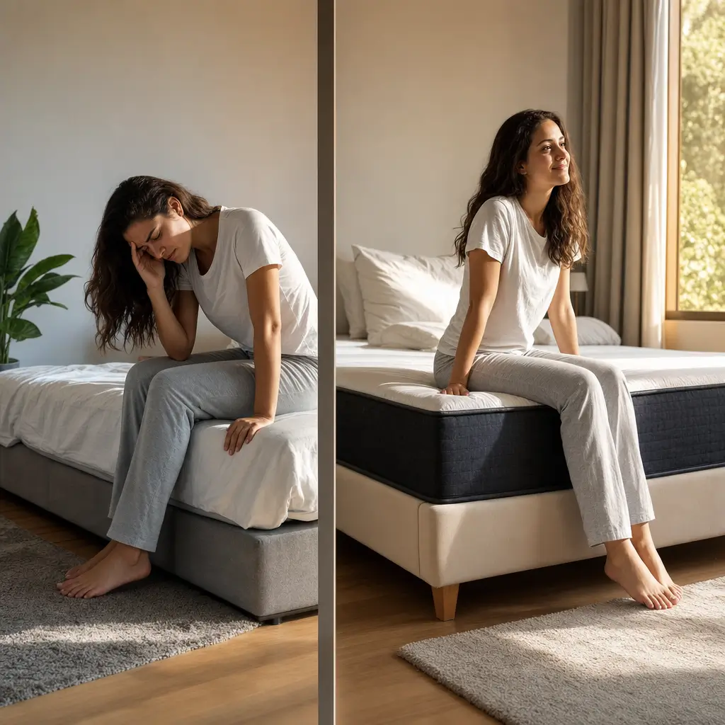 Colchão alto ou colchão comum: qual é melhor mulher levantando da cama, dois ângulos