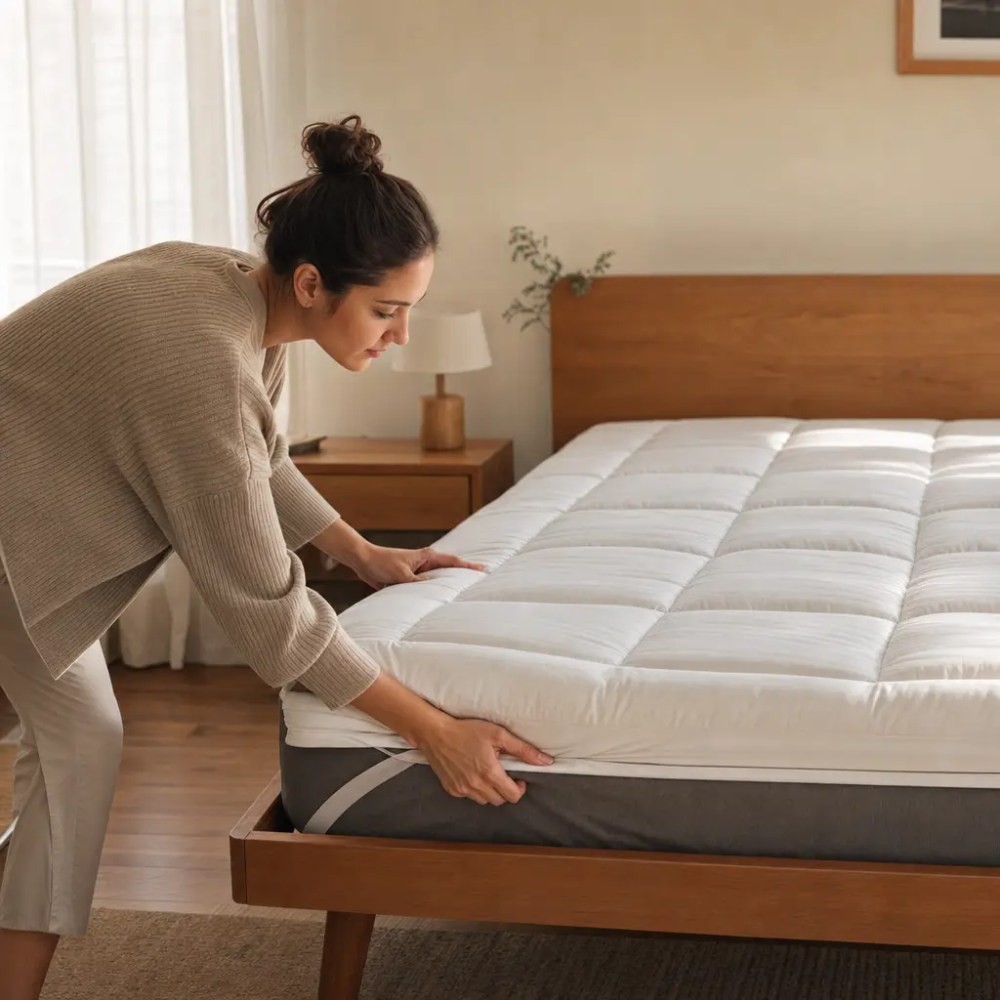 Colchão muito firme: o que fazer para ficar confortável sem trocar mulher ajustando colchão branco em cama
