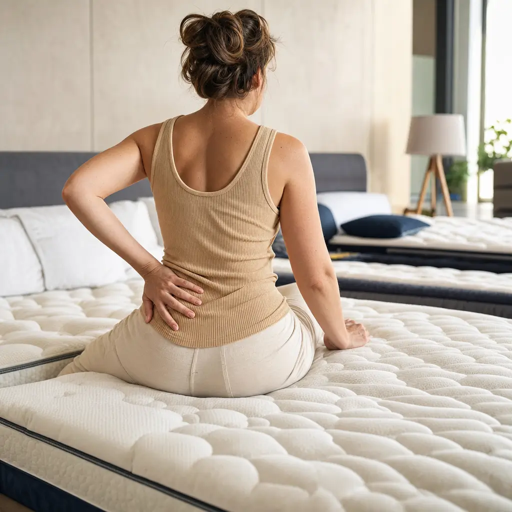 Colchão para dor no quadril: qual firmeza comprar mulher sentada com a mão na lombar sobre colchão