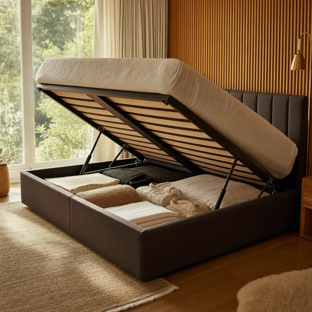 Como escolher cama box com baú: prós, contras e medidas, cama box com baú aberta