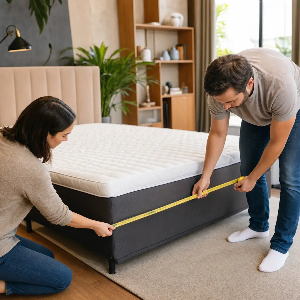 Como escolher cama box de casal: medidas e altura, casal medindo cama box com fita métrica