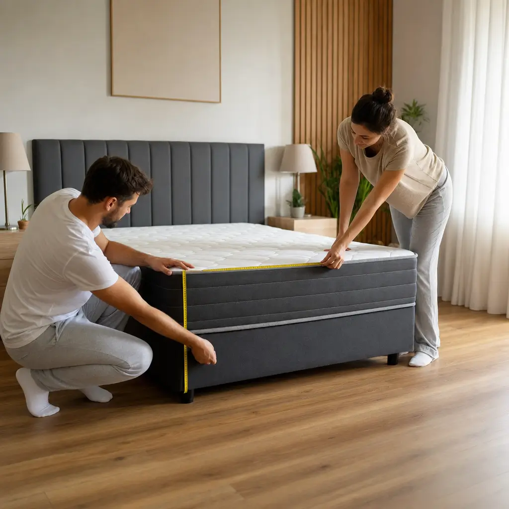 Como escolher cama box de casal: medidas e altura, casal medindo cama box em quarto com régua