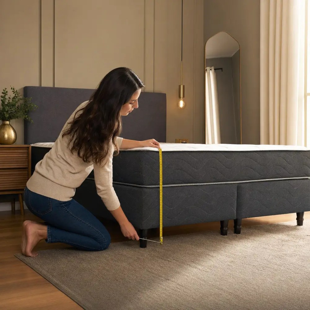 Como escolher cama box de casal: medidas e altura, pessoa medindo cama box no quarto