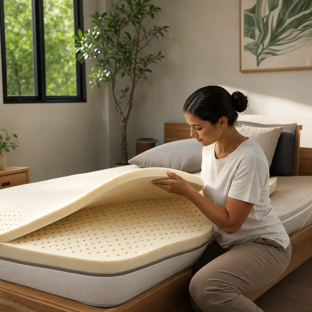 Como escolher colchão de látex: vantagens e ideal, mulher analisando colchão de látex na cama