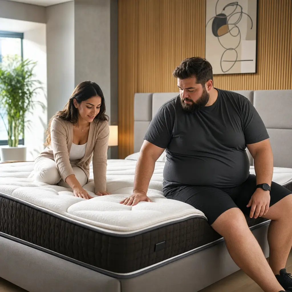 Como escolher colchão para casal com pesos diferentes casal testando colchão na cama